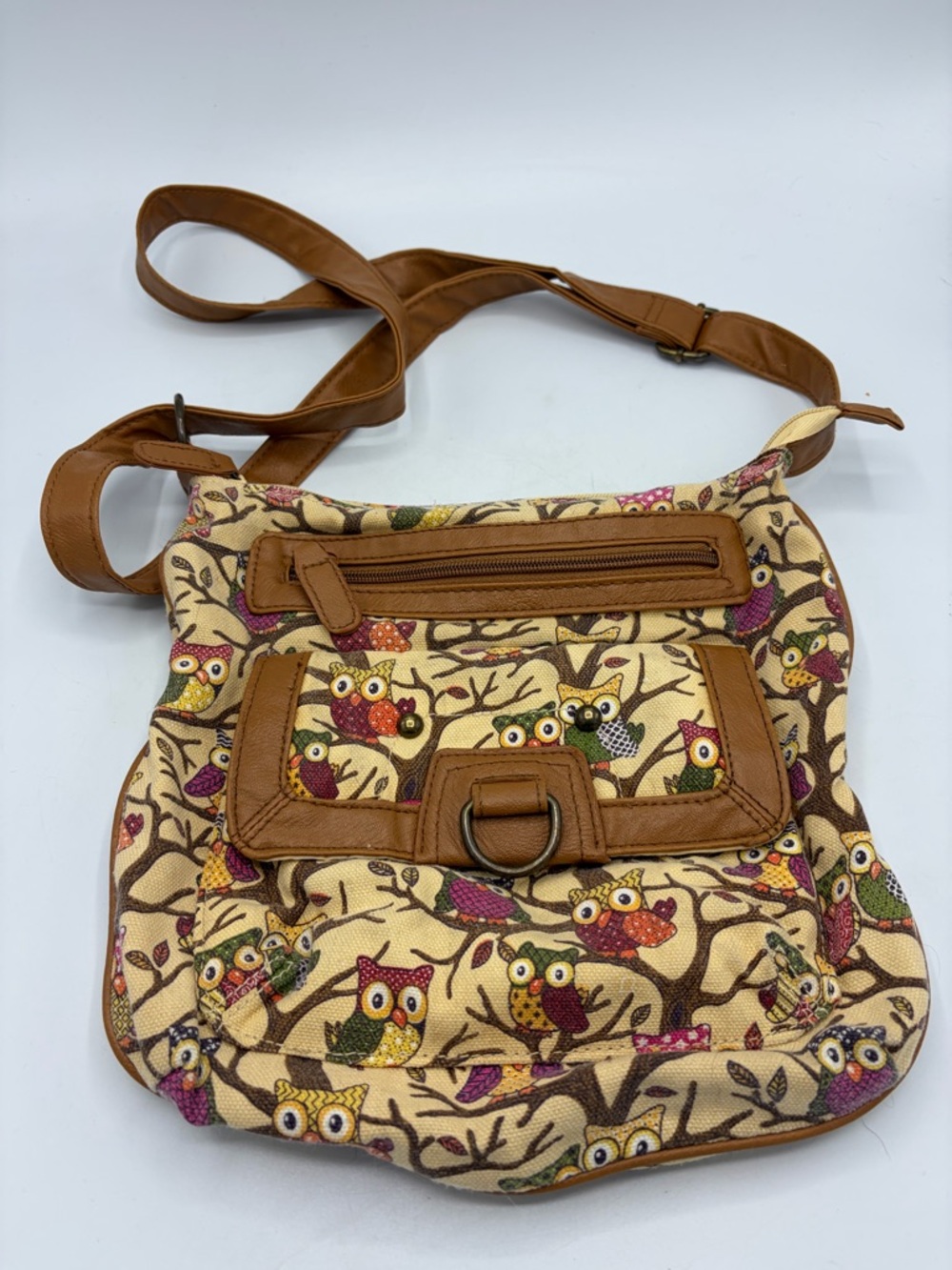 Rue21 Tan & Multicolor Owl Print Crossbody Bag